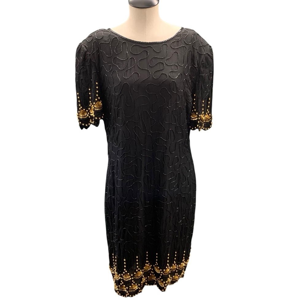LAURENCE KAZAR NWT Black Beaded Silk Dress with Gold Detail - Size XXL